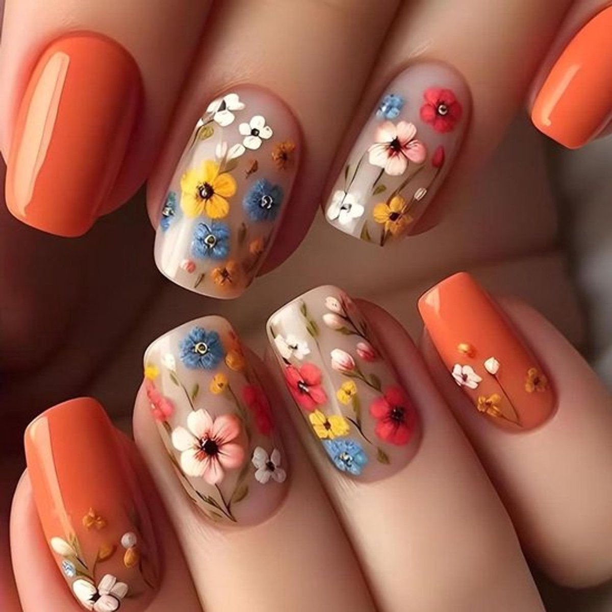 Bloemenpress-on-nagels, korte vierkante lente design, middenoranje, 24 stuks