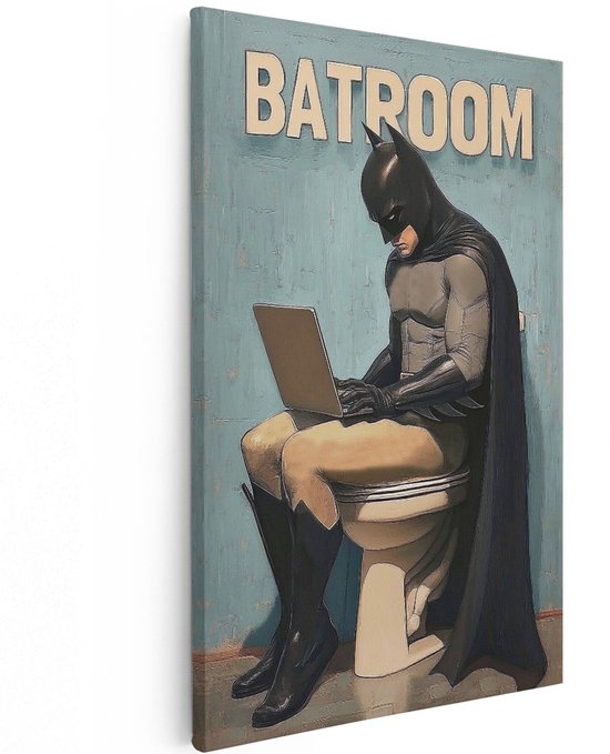 Artaza Canvas Schilderij Batman Op De Wc - 20x30 cm - Muurdecoratie Toilet - Wanddecoratie Badkamer - Humor Kamer Accessoires