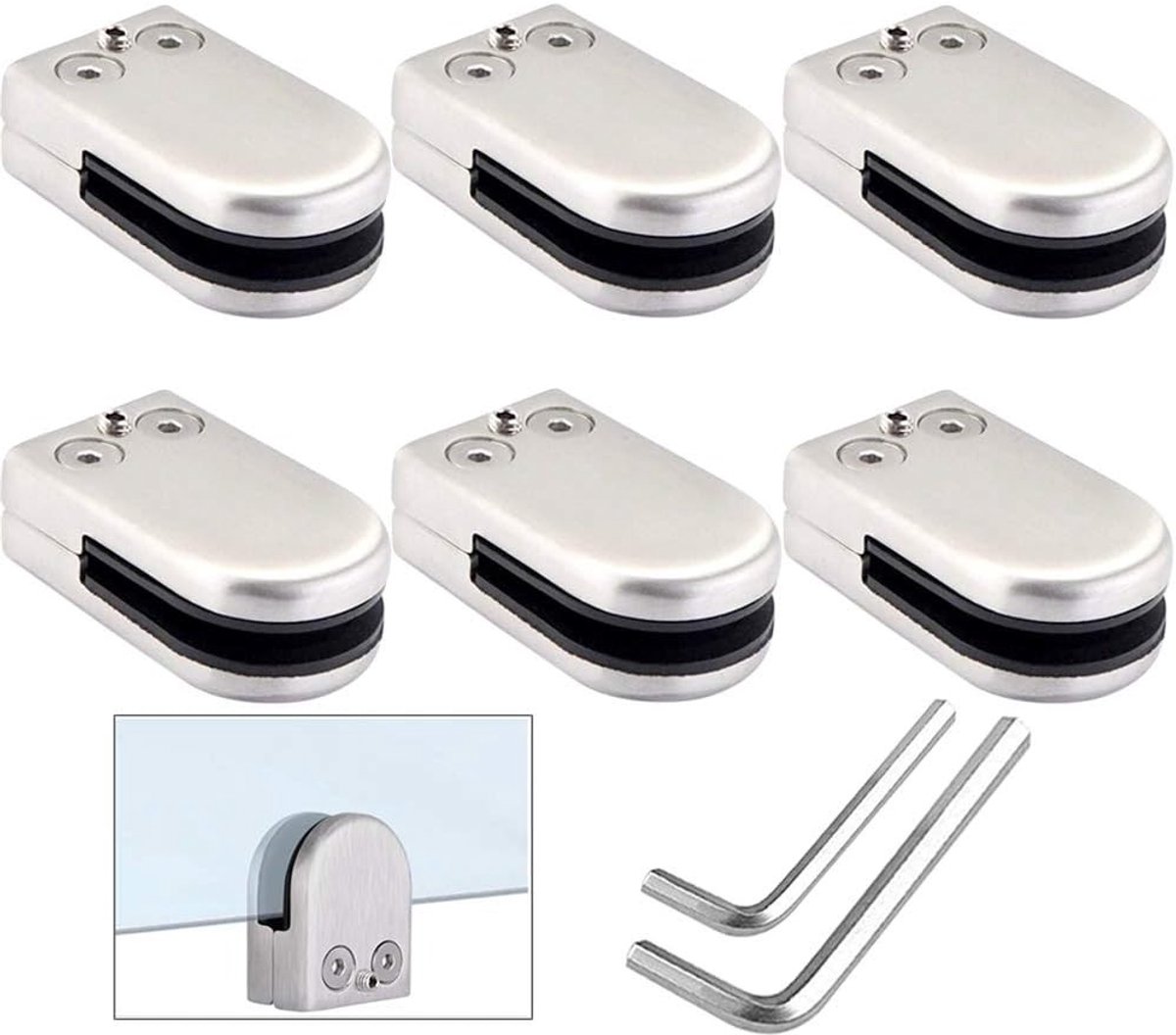 Set van 6 verstelbare glasbeugels van 10-12mm, roestvrij staal, voor trapleuning en balustrade