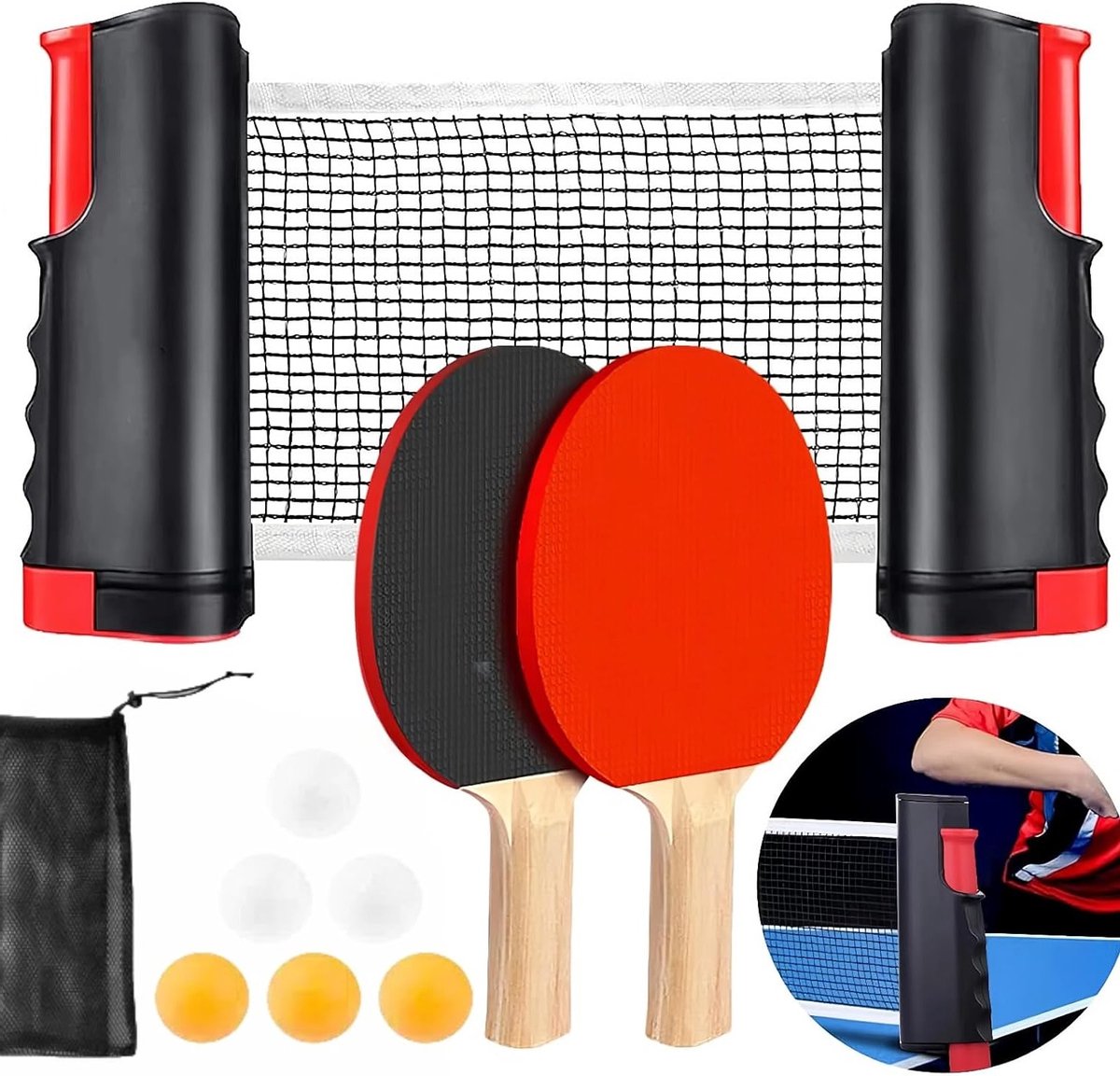 Complete Set voor Tafeltennis met Uittrekbare Net, 2 Bats, 6 Ballen en Draagtas voor Binnen en Buiten Spelletjes