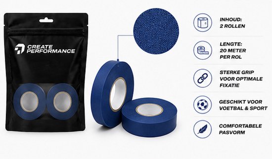 Blauwe sporttape in verpakking en twee losse rollen. Tekst: INHOUD: 2 ROLLEN, LENGTE: 20 METER PER ROL.