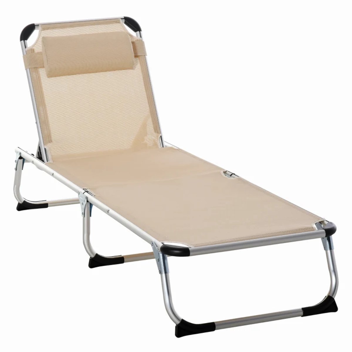 Ligbed met Hoofdsteun - Opvouwbaar - Ligstoel met 4-standen Verstelbare Rugleuning - Tuinstoel - Strandstoel - Campingligstoel - tot 120 kg - Zonnebed - Relaxstoel voor Tuin, Terras, Zwembad & Balkon - Beige