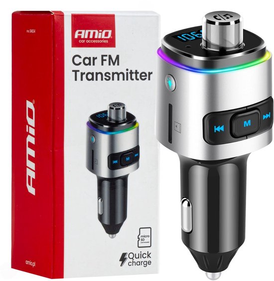 AMiO Bluetooth FM Transmitter Auto – 2× USB-A MicroSD Handsfree Muziek 87,5–108 MHz