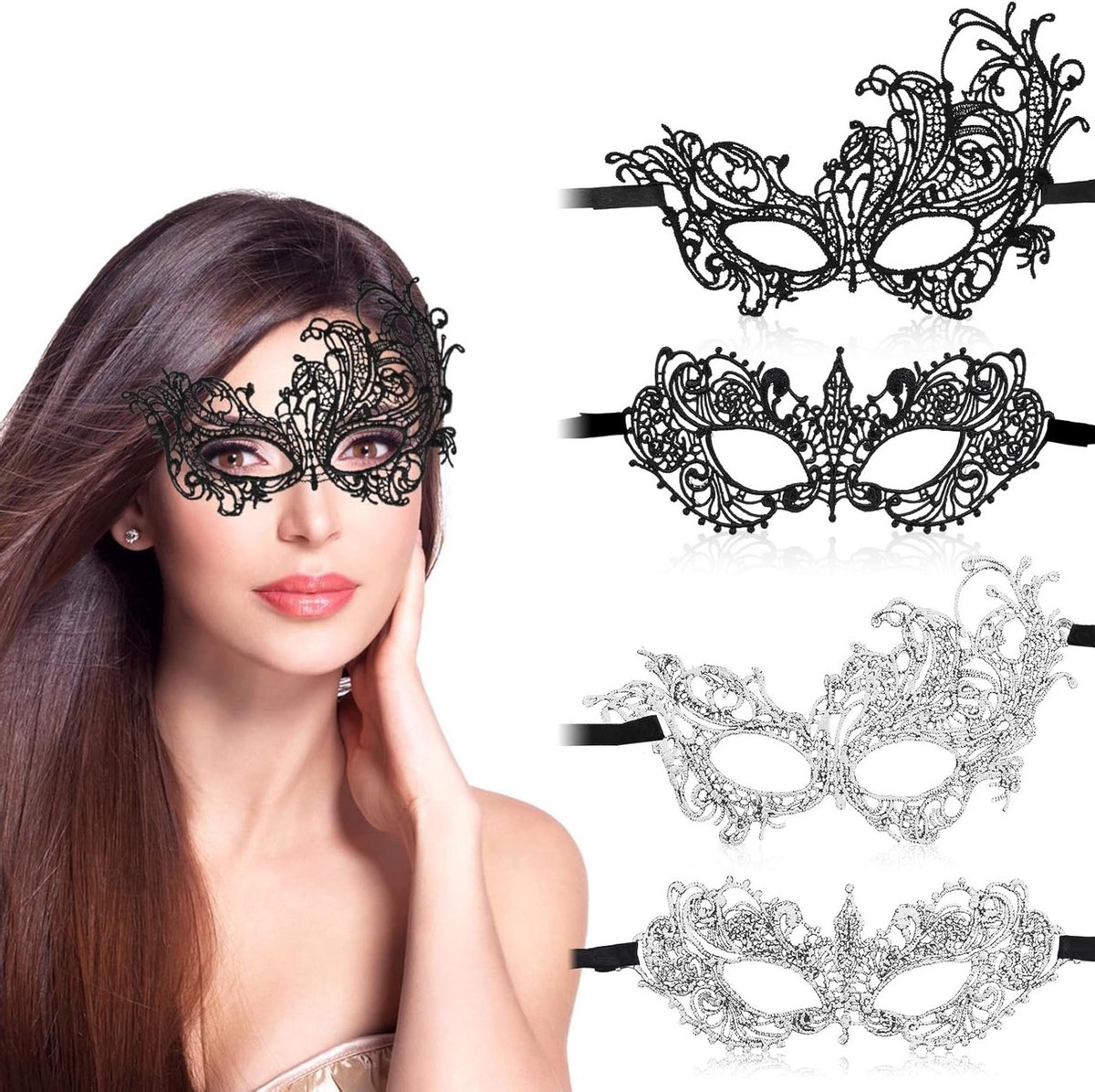 4 Stuks Zwarte Kant Maskers voor Vrouwen, Ideaal voor Venetiaanse Maskerade, Halloween en Carnaval Feestjes