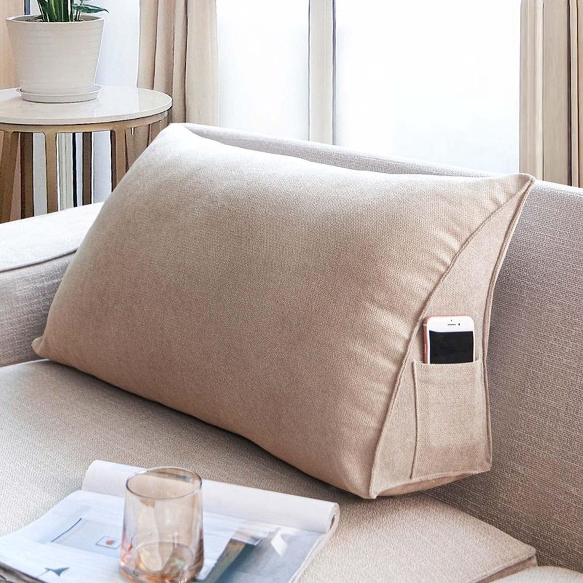 Wigkussen Lendensteun - Leeskussen Bank - Comfortabel Ontspannen - Afneembare Hoes - 100x35x20cm - Beige