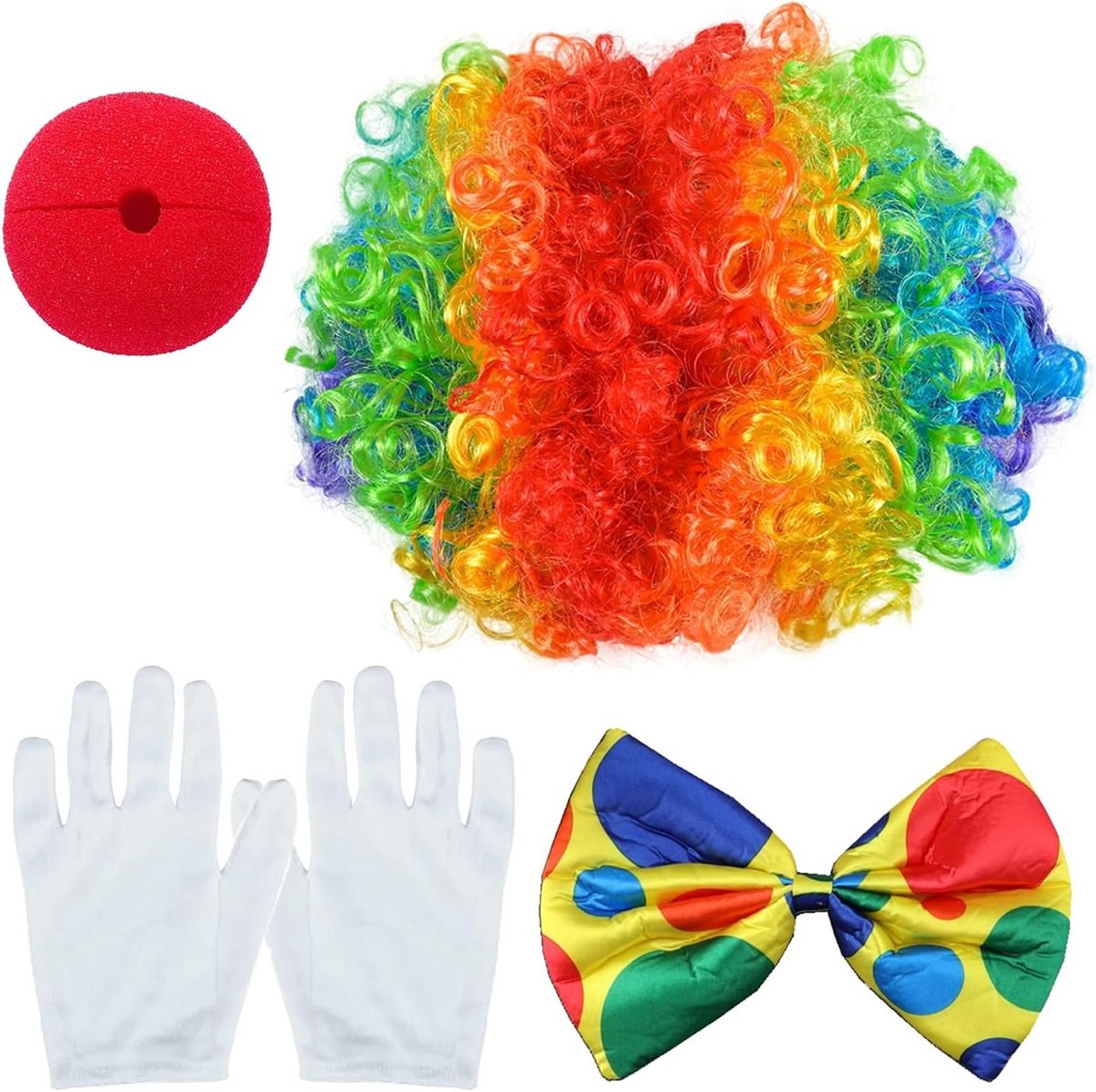 Clown Kostuum Accessoire Set van 4 - Rode Perücke, Strik, Witte Handschoenen voor Kinderen, Halloween, Carnaval en Theateroptredens