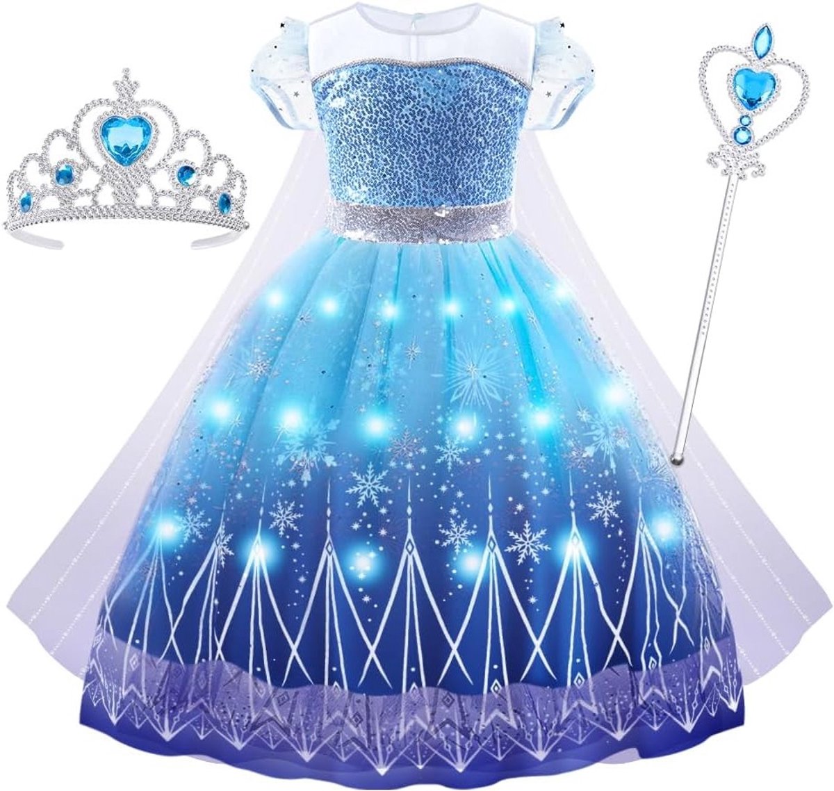 Luminous Ice Queen Kostuum voor Meisjes met Cape, Toebehoren en Magische Staf voor Halloween en Feestjes