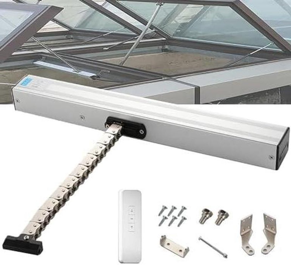 Elektrische raamopener - Ketting opener - Automatische ventilatie - Geluidsarme werking - 300-1000 mm slag - Zilver