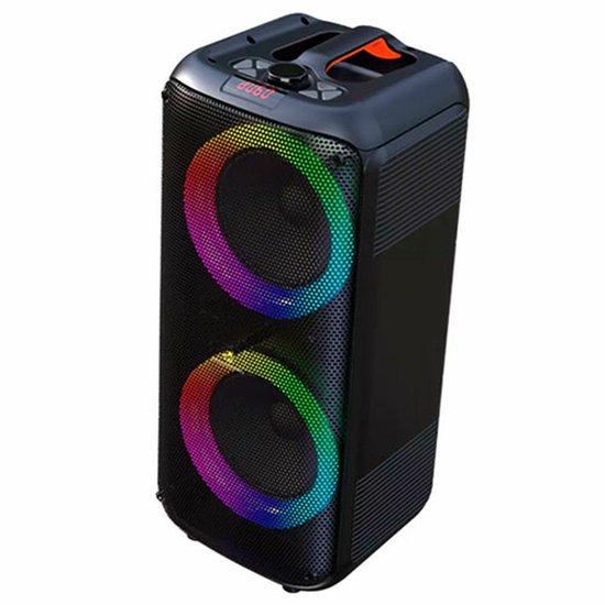 Zwarte luidspreker met twee ronde LED-verlichte woofers, bovenop is een display en bedieningsknoppen.