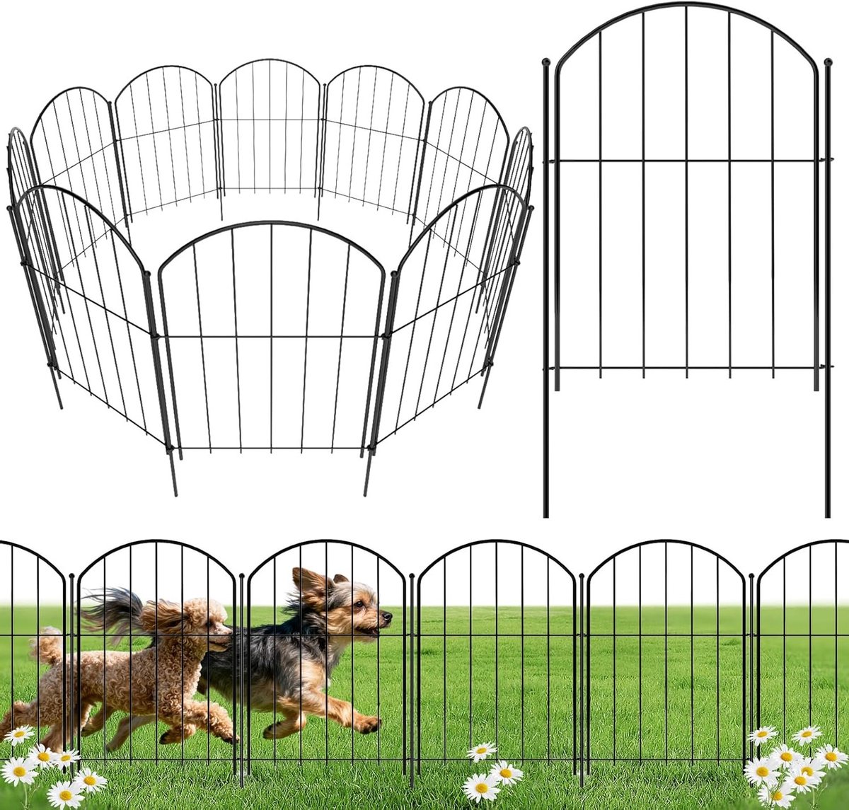 Duurzame Tuinfence zonder Graafwerk, 17" x 10ft, Roestvrij Stalen Dierenbarrière, 10 Decoratieve Panelen voor Honden, Bloembedden en Tuinornamenten