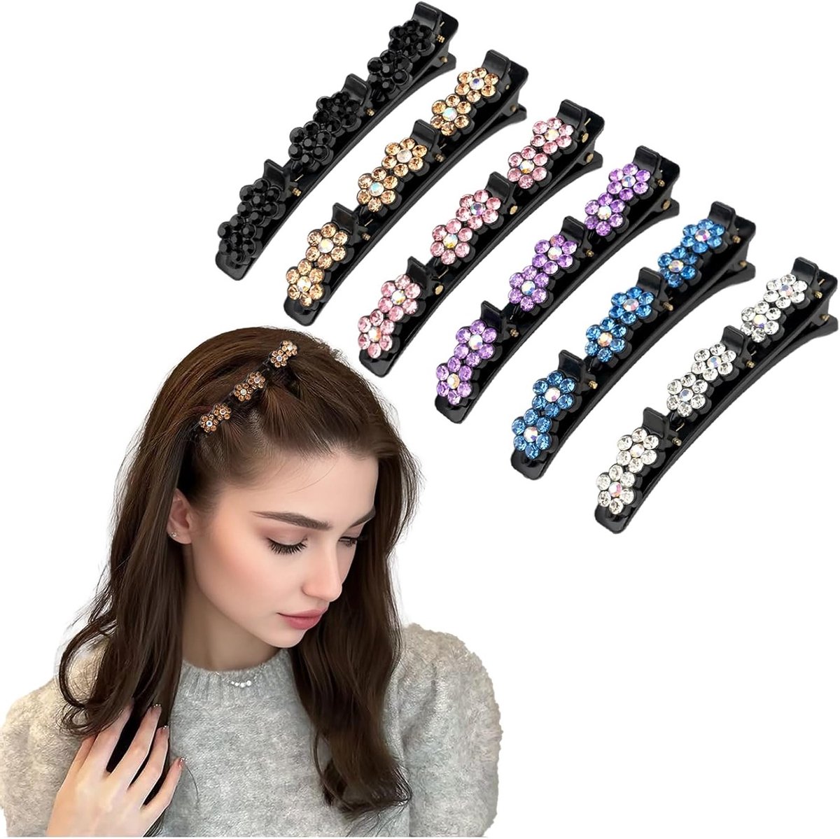 6x Dubbellaagse Haarspeldjes met Kristallen Bloemen - Mooie Vlecht Haaraccessoires