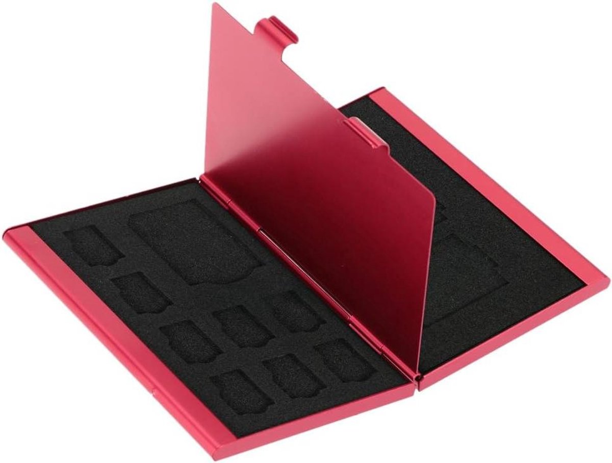 Opbergdoos Geheugenkaarten - Kaarthouder Portemonnee - Veilige Opslag - Aluminium Legering - 12 Slots - Rood
