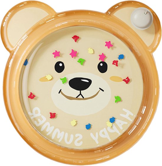 Oranje watermat met teddybeer gezicht, gevuld met water en kleurrijke sterren en zeedieren.