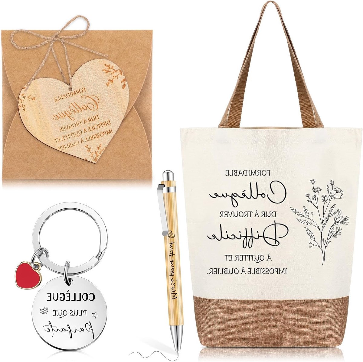 6-delige Cadeauset voor Afscheid van Collega's met Tas, Houten Hartvormige Sleutelhanger en Pennen voor Vrouwen bij Pensioen of Kerstmis