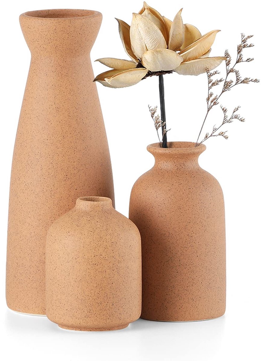 aladdien - keramische vazen - set van 3 kleine bloemenvazen - moderne en rustieke stijl - bruin - decoratieve vazen voor gedroogde bloemen - perfect...