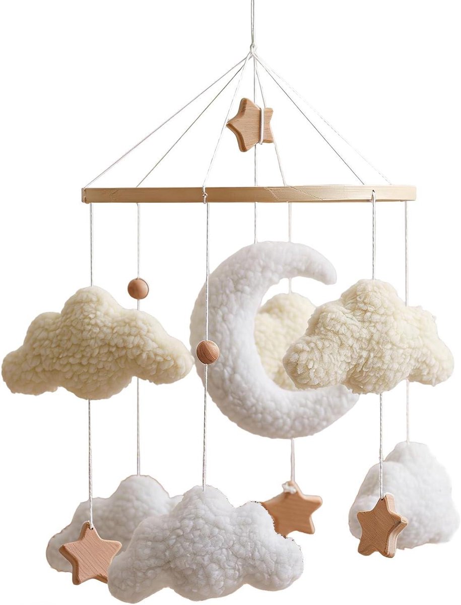 Houten Sterren Mobiel - Baby Decoratie - Babykamer Aankleden - Wind Geactiveerde Rotatie - 45x23cm - Boho Neutraal