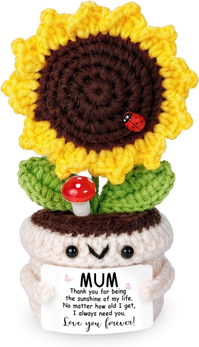 Gebreide Zonnebloem - Bloem Decoratie - Cadeau Geven - Handgemaakt Ontwerp - 15 cm Hoog - Meerkleurig