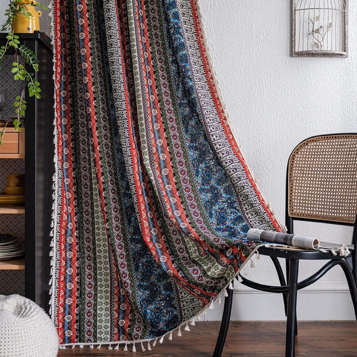 Boho Semi-Verduisterende Gordijnen 2-delig – Kleurrijke Strepen & Kwastjes – Roedezakken – Woonkamer/Toilet 149×199cm Roodblauw-Belle's product