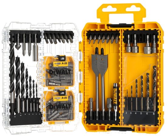 Gele DeWalt koffer met openklapbare deksels, vol met diverse boren en bits, waaronder grotere houtboren en schroefbits.