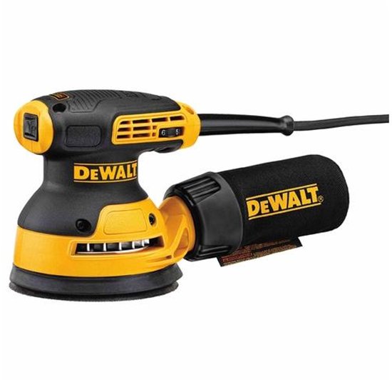 Gele DeWalt excentrische schuurmachine met zwarte handgreep en stofzak.