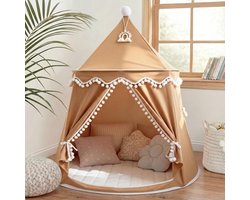 Kinder Speeltent - Tipi Kasteel - Binnen Spelen - Ademend Katoen Hennep - 110x110x130cm - Karamelbruin