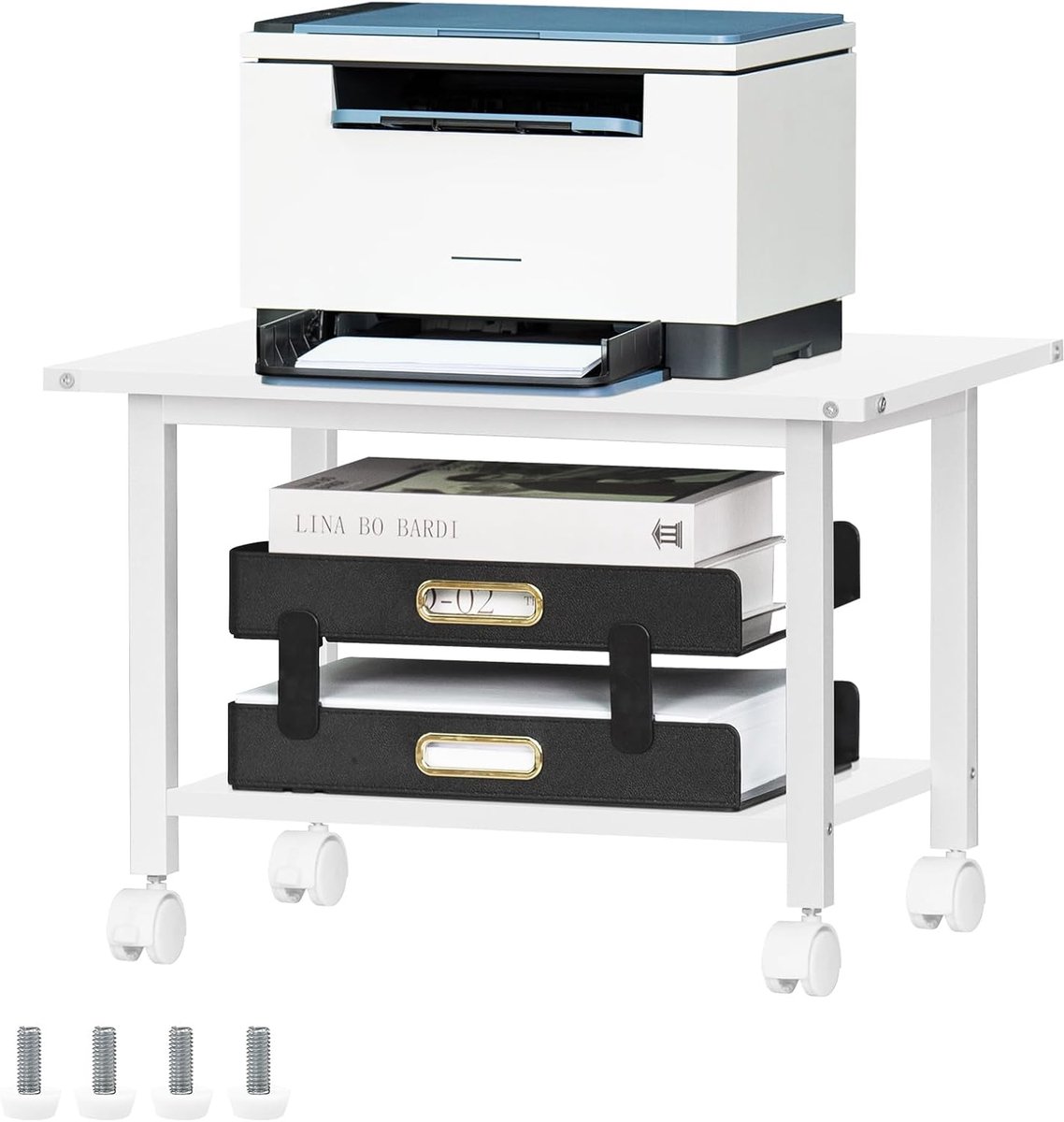 Mobiele Printerstandaard - Printerkar - Onder Bureau - Afsluitbare Wielen - 51x39x36 cm - Wit
