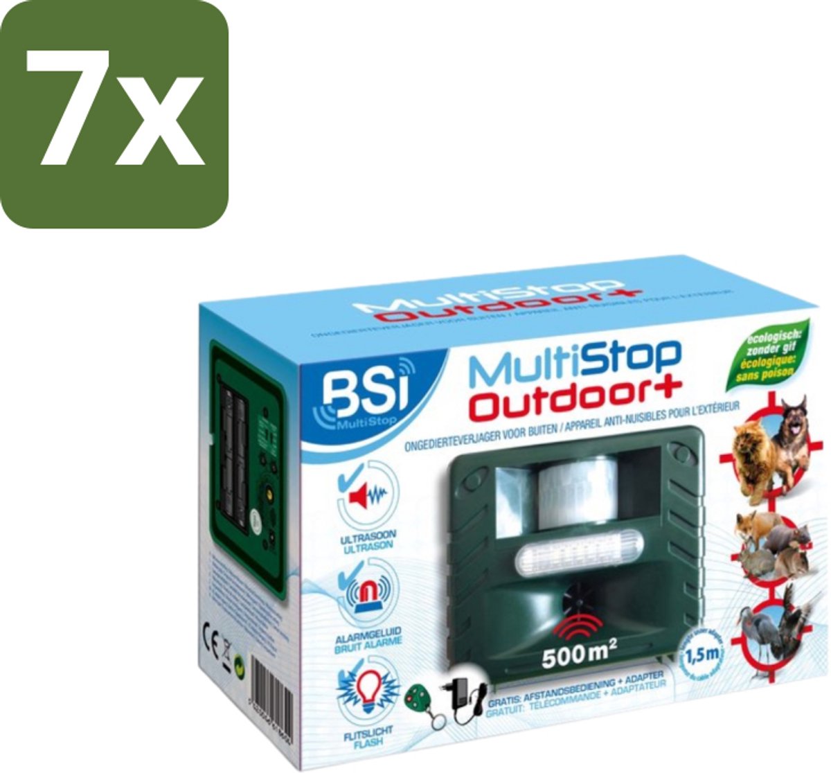 BSI – Multistop Outdoor Plus – Dierenverjager Ultrasoon met Flitslicht & Alarm – Bereik tot 500 m² - Bulkverpakking - 7 stuks