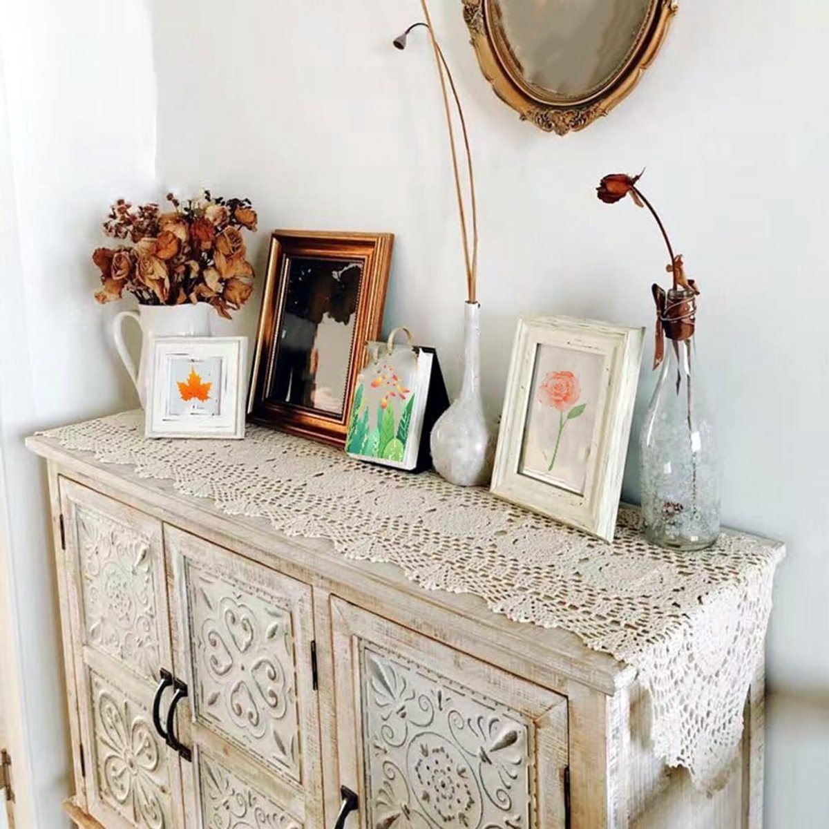 Tafelloper Katoen - Tafelkleed Kant - Boho Decoratie - Handgeweven Patroon - 30 x 150 cm - Beige