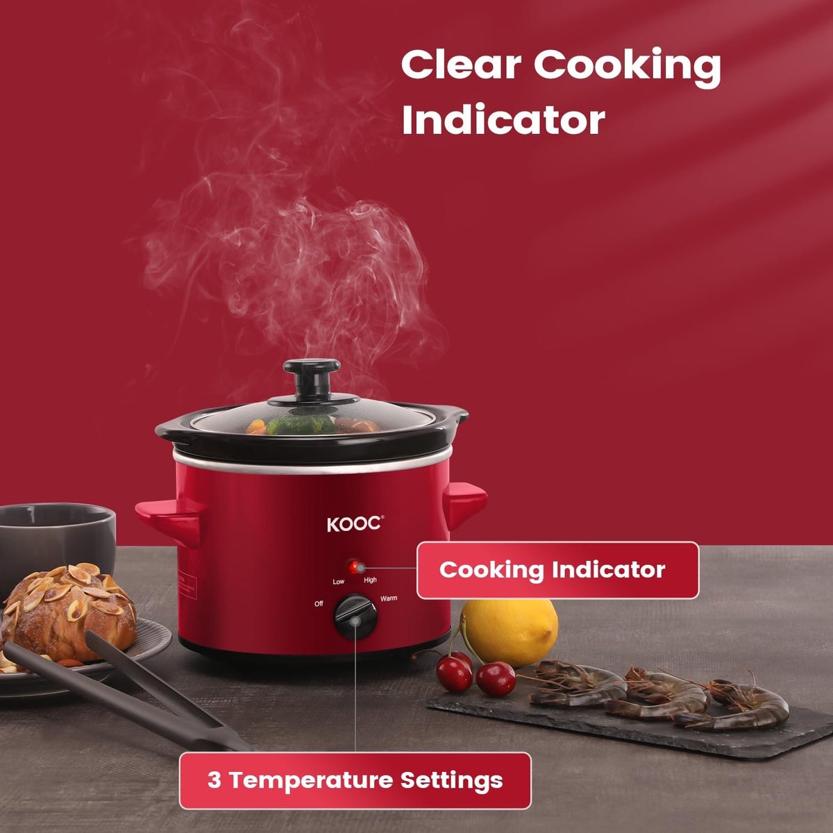 Kleine Slowcooker - Stoofpan - Langzaam Koken - Inclusief Reinigingsvoeringen - 1.9 Liter - Rood – foto 3