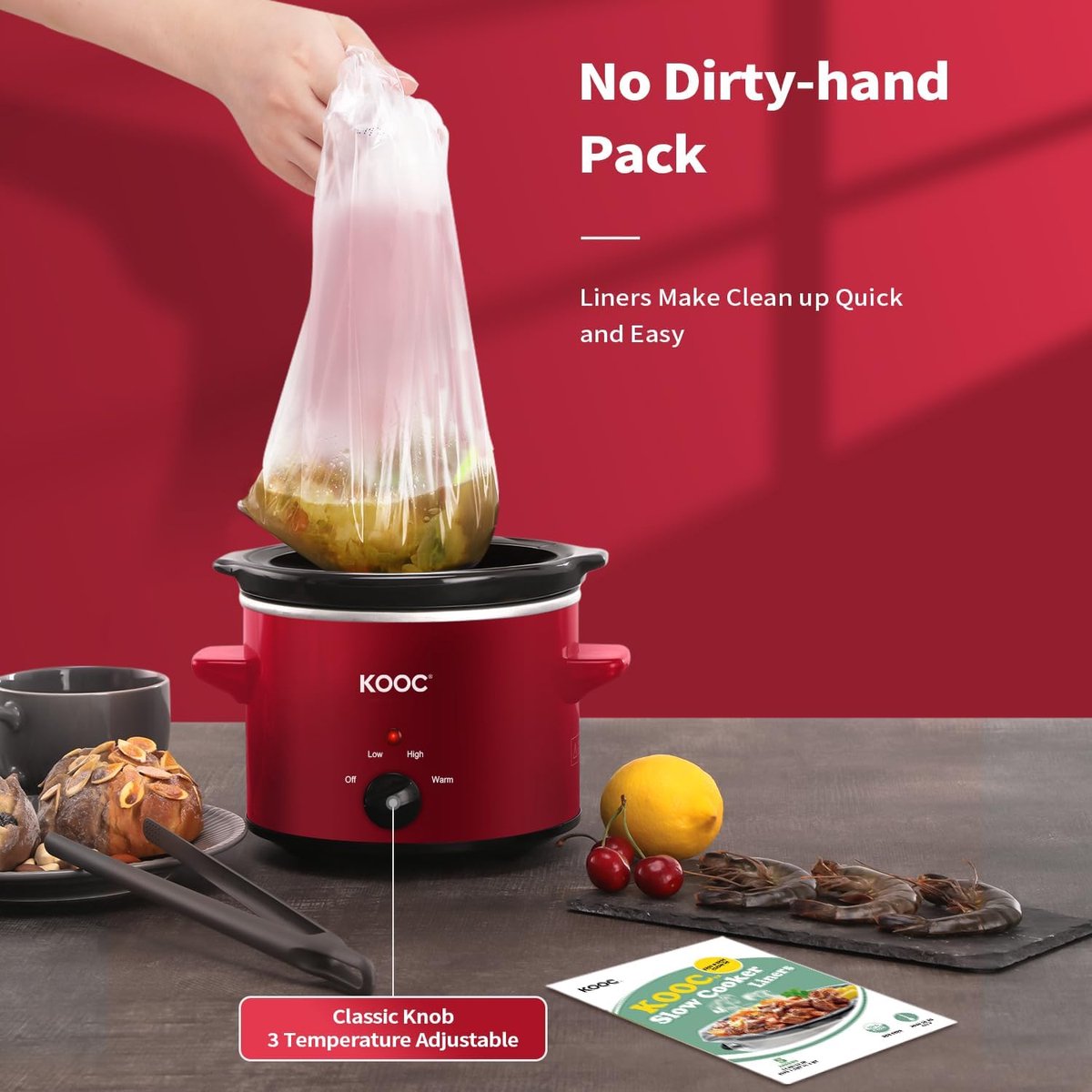 Kleine Slowcooker - Stoofpan - Langzaam Koken - Inclusief Reinigingsvoeringen - 1.9 Liter - Rood – foto 2