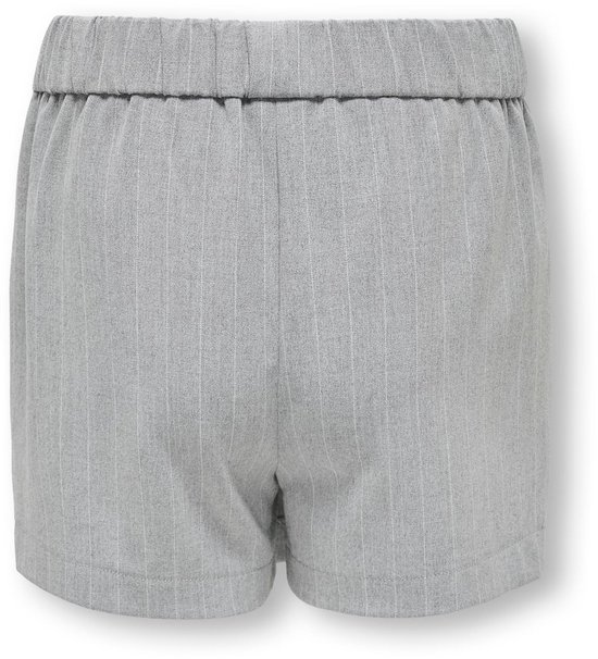 Achterkant van een grijze gestreepte broekrok met elastische tailleband.