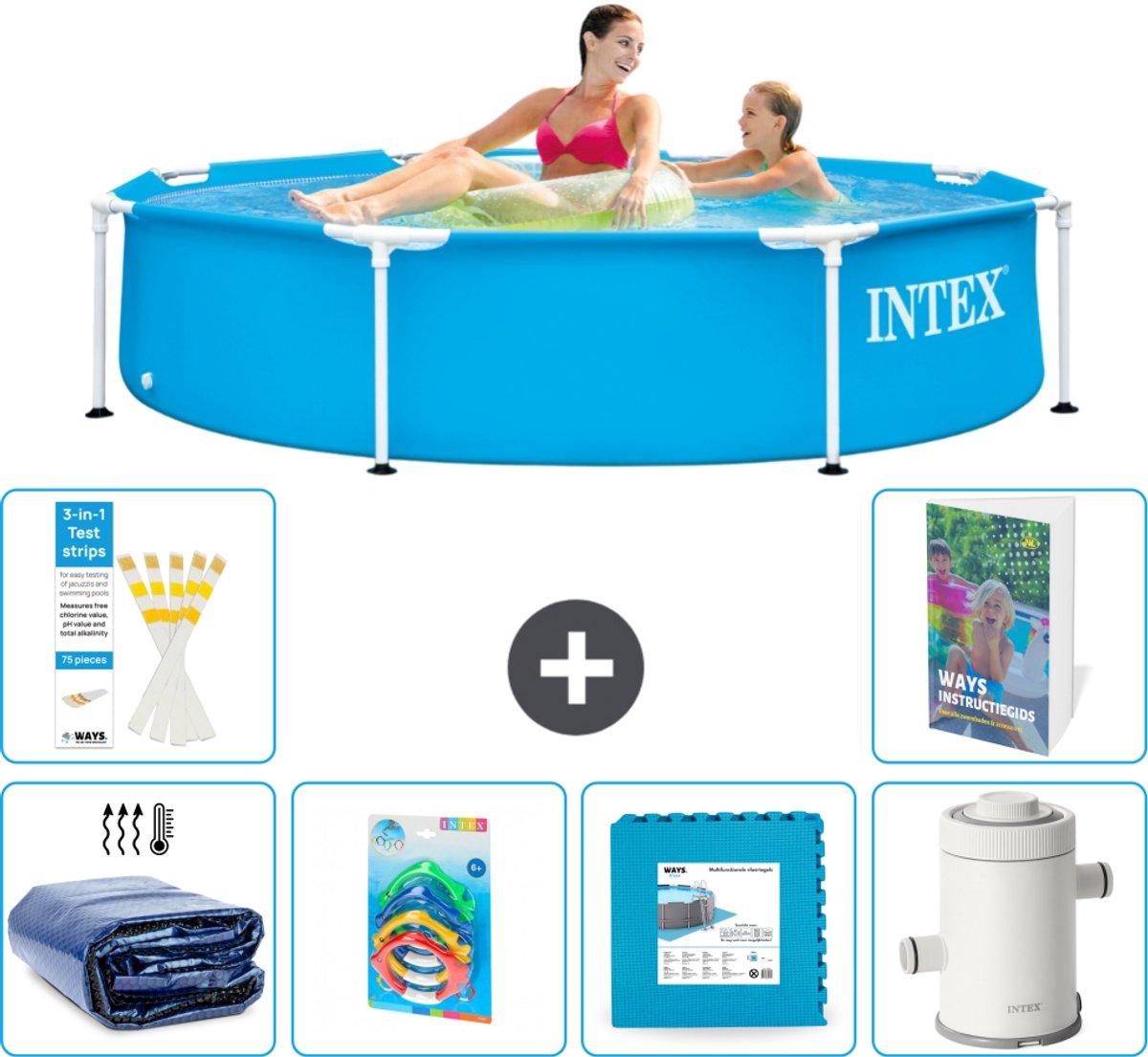 Intex Rond Frame Zwembad - 244 x 51 cm - Blauw - Inclusief Solarzeil - Speelgoed - Vloertegels - Zwembadfilterpomp - 7-delig