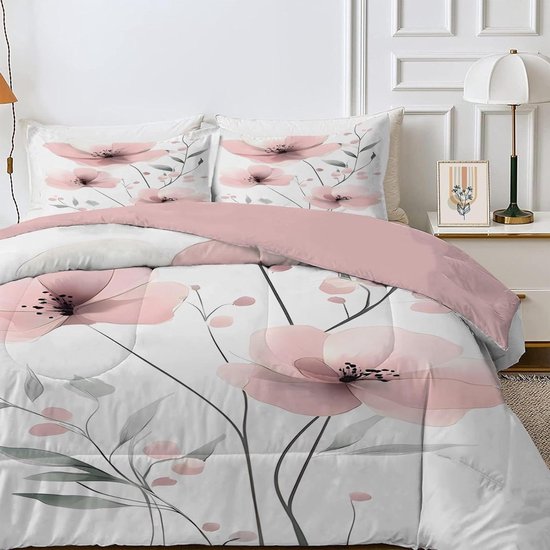 Dekbed 4 seizoenen - Dekbedovertrek set - Alle seizoenen - Omkeerbaar ontwerp - 240 x 260 cm - Roze bloemenprint