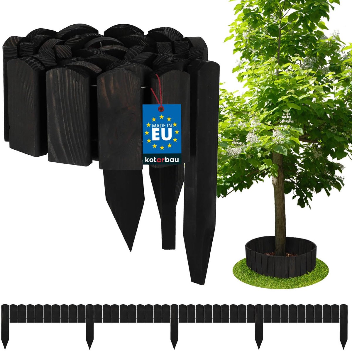 KOTARBAU® Bloembedrand, Rolborder, 200 x 10 cm, Antraciet, Tuinafscheiding, Houten Tuinhek, Borderrand, Palissade, Schapenhek, Tuindecoratie