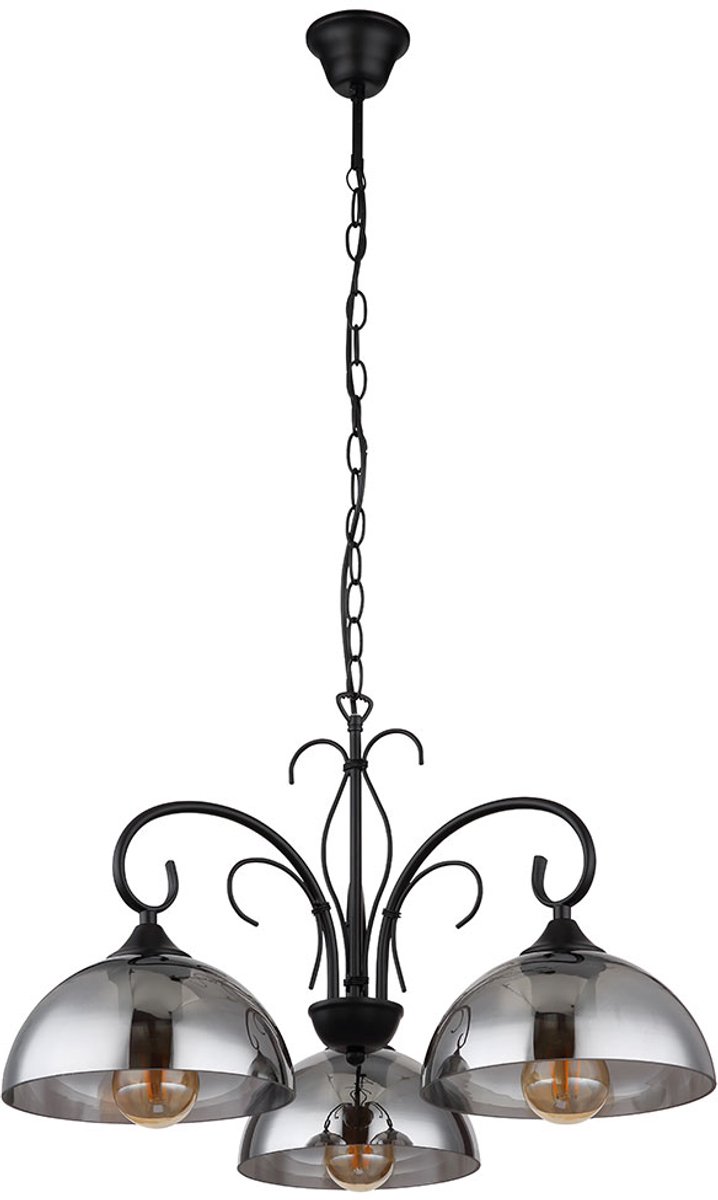 Hanglamp Woonkamerlamp Eettafellamp, metaal zwart gerookt glas, in hoogte verstelbaar 3 vlammen E27, H 120 cm