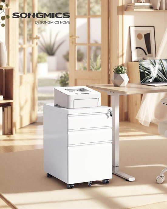 Witte metalen rolcontainer met drie laden, met een printer erop, in een lichte kantoorruimte.