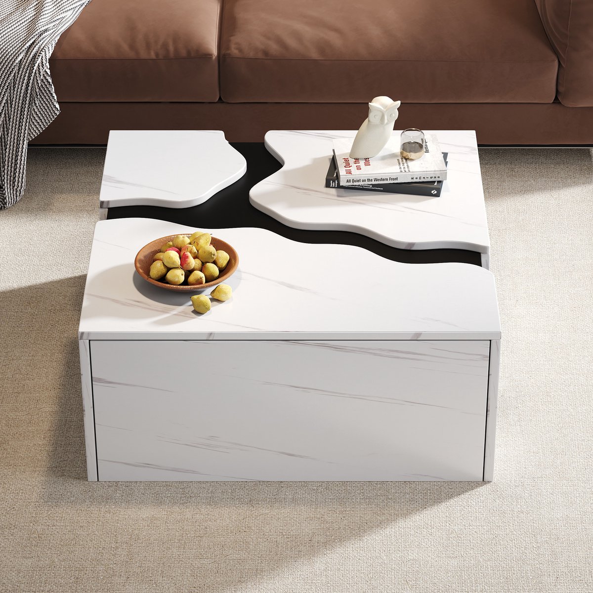 MODFU Salontafel - Geometrisch Design Met Lade - Moderne Woonkamer - Spaanplaat Met Marmerlook - Wit - 70 x 70 x 31 cm