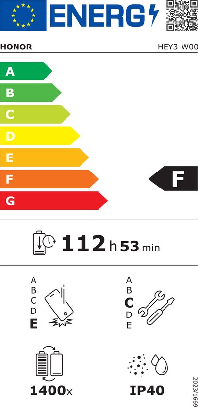 Energielabel voor Honor tablet met energieklasse F, 112 uur 53 minuten batterijduur en IP40 classificatie.