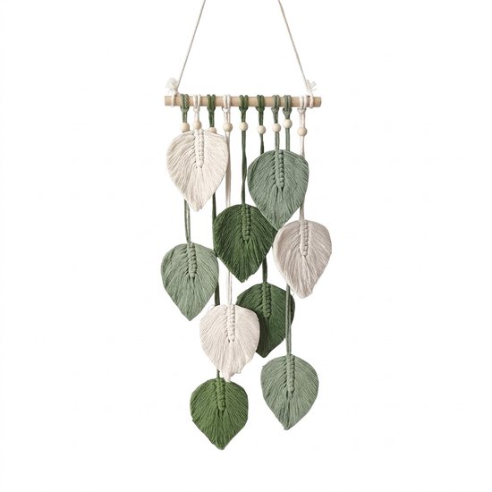 Tapisserie murale feuilles vert blanc unisex tissée à la main décoration suspendue avec cordes et perles format compact 25x55 cm décoration murale boho textile