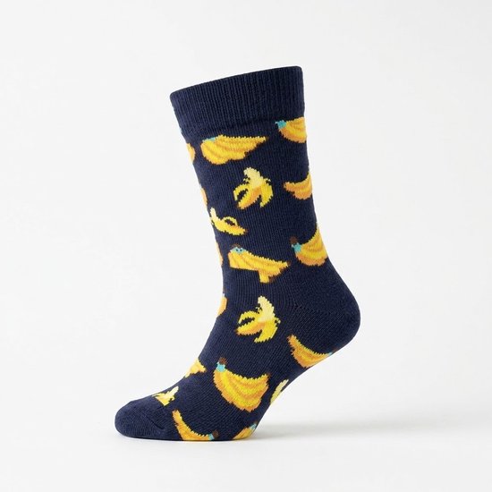 Marineblauwe sokken met een patroon van gele bananen.