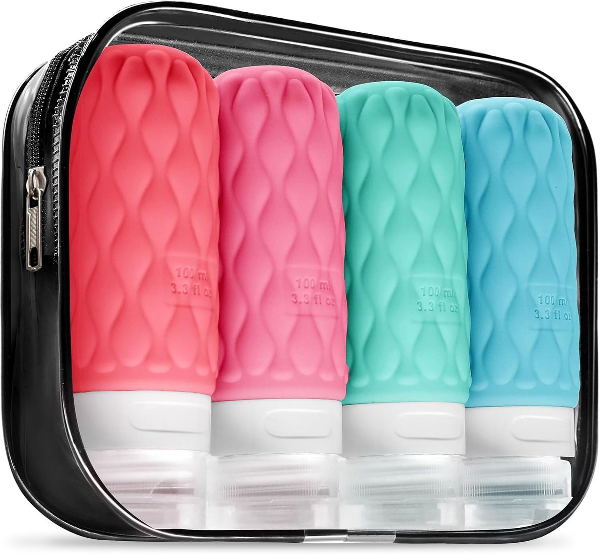 Reisflesjes Set - Navulbare Flesjes - Voor Shampoo en Lotion - Siliconen - Set van 4 - 100ml - Blå-Rosa-Rosig Rod - van Imperatoris