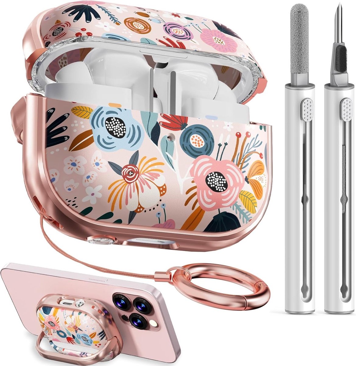Schattige Kawaii Bloemen Oplader Case voor Galaxy Buds Pro 3 met Schoonmaakset en Sleutelhanger, Perfect voor Vrouwen en Meisjes