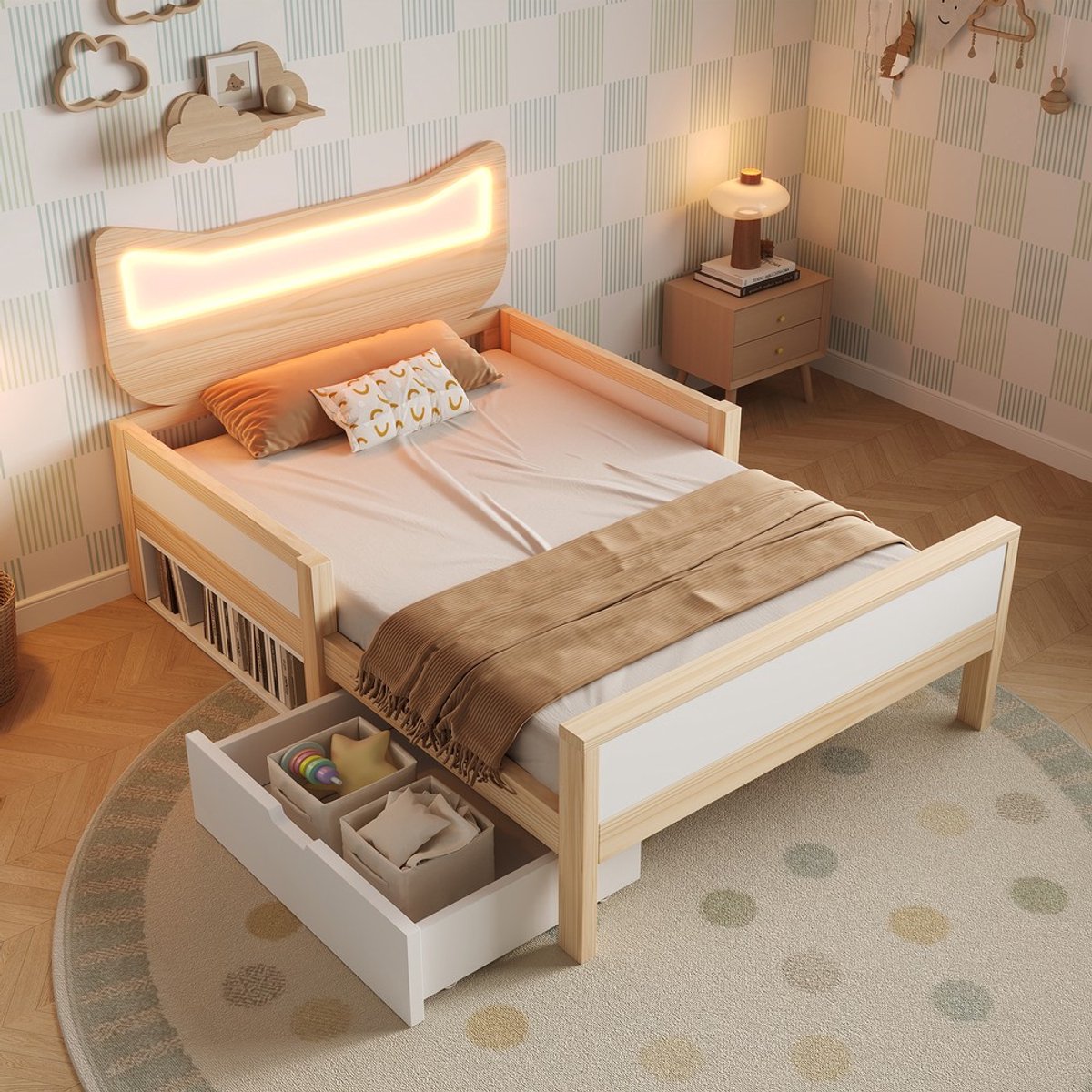 KOMHTOM Kinderbed - 90×190 cm - met kattenoren-hoofdeinde - RGB-LED-verlichting - lattenbodem - flexibele lade & opbergvak links/rechts te monteren - kindveilige beschermhekken - wit & eiken - zonder matras Eiken, wit