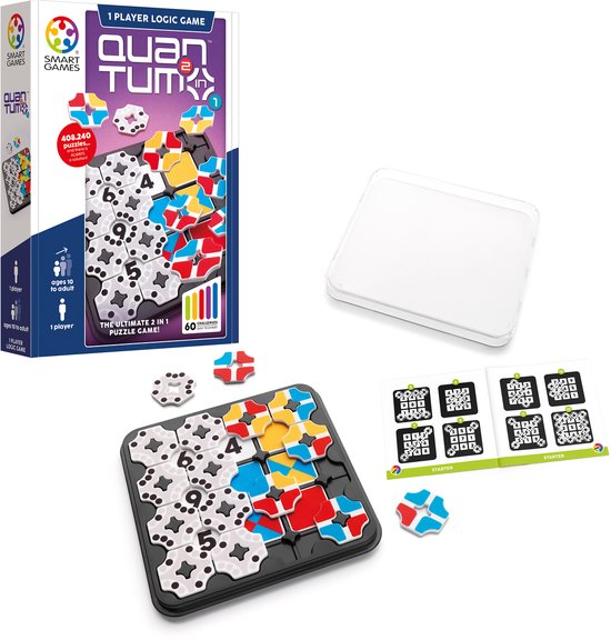 Verpakking van Quantum 2, inclusief spelbord met gekleurde en witte tegels, extra stukken en instructies.