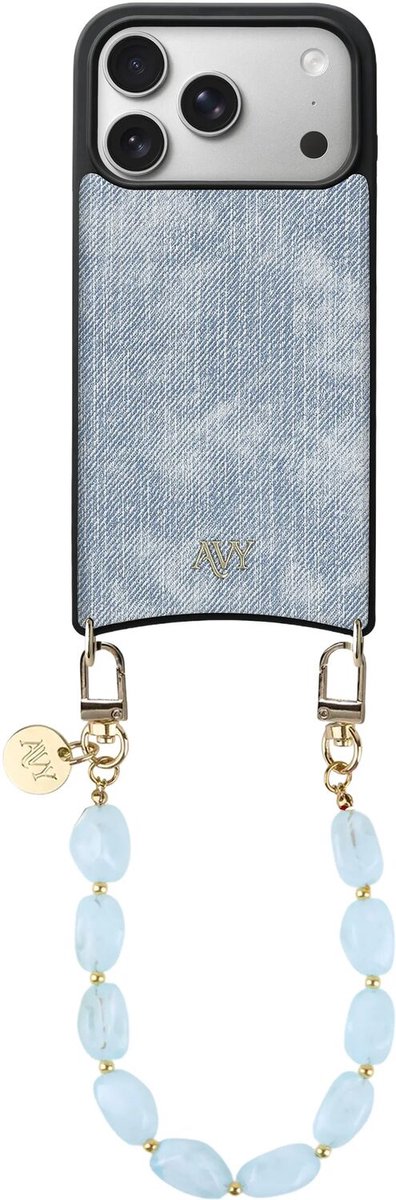 AVY Hoesje Geschikt voor Apple iPhone 17 Pro | Compatibel met MagSafe | Kunstleren Case met Telefoonkoord | Polsband | Denim | Rocher Blue