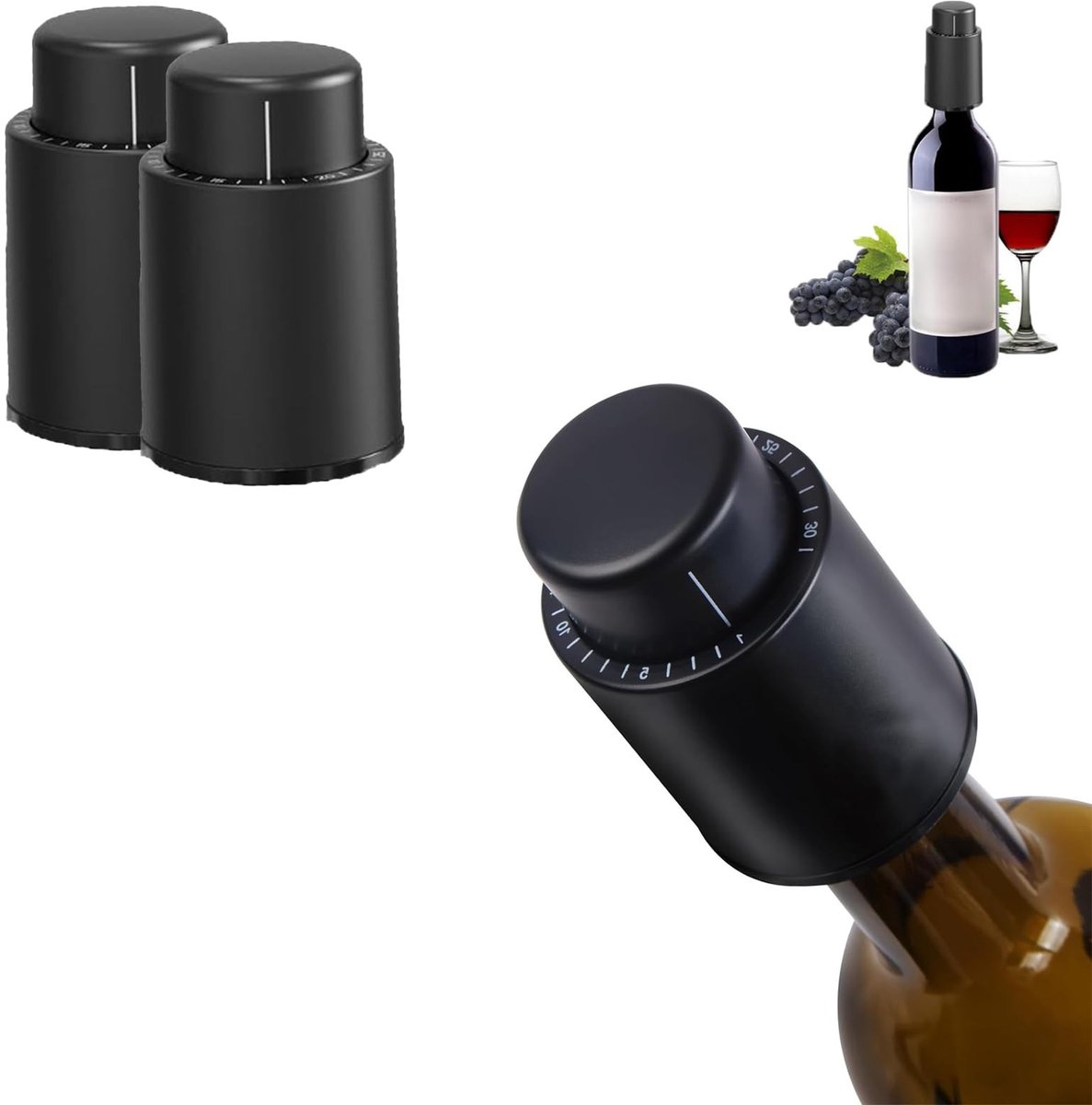 Smoakez - Wijnstop - Vacuüm Wijnflessendop - Bewaar Rode Wijn - Zwart - Champagne Stoppers - Versheid Behouden - Ideaal voor Wijnliefhebbers - 2 Stuks