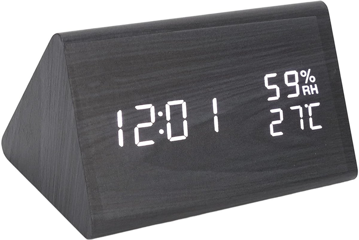 Houten Digitale Wekker - LED Elektronische Wekker - Spraakbediening - Zwart Hout - Datum en Temperatuur - Ideaal voor Slaapkamer en Thuis
