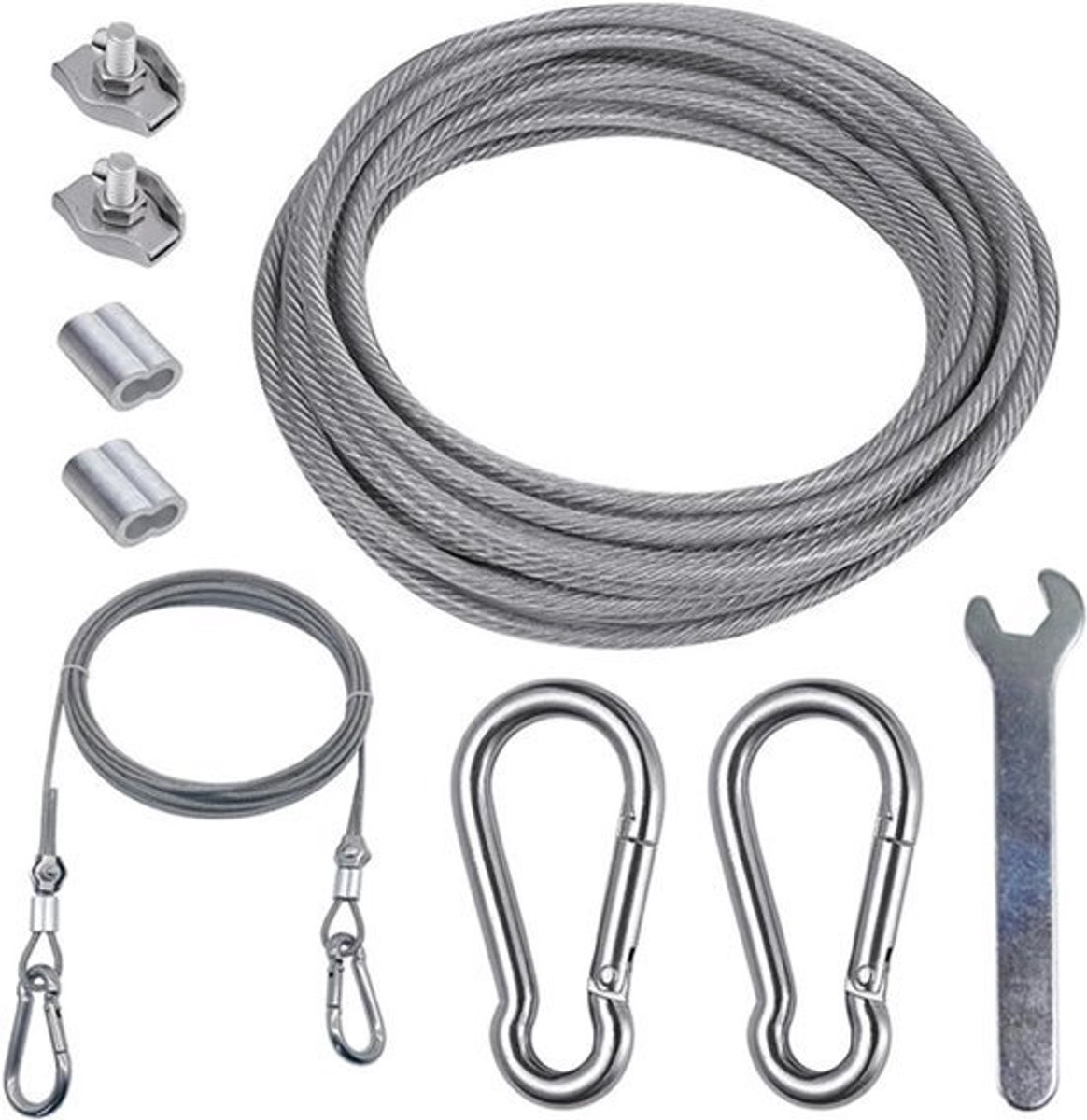 2 m draadkabel 3 mm met PVC-gecoate roestvrijstalen kabel, karabijnhaak M6, krimplus draadkabelklem en mini-schroefsleutel voor Lanyard, waslijn, tenttouwen (2 m)