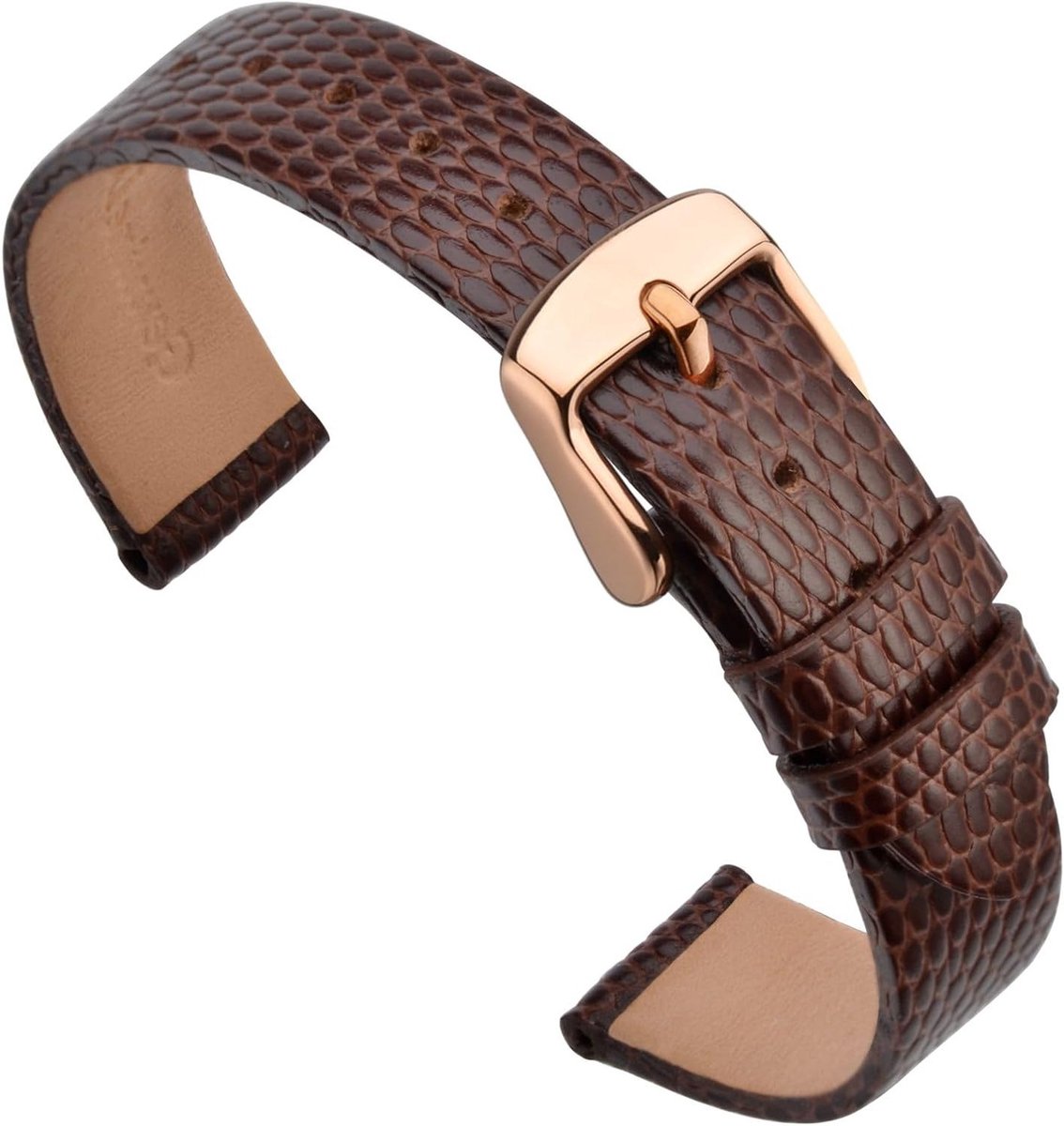 Leren Horlogeband voor Dames 12 mm-14 mm-16 mm-18 mm-20 mm, Geëmbosseerd Hagedispatroon, Vervangende Armband met Bruine-Roze Gouden Sluiting, Stijlvol en Comfortabel