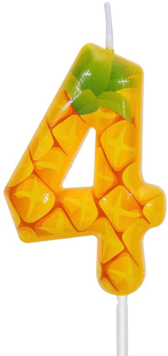 Cijferkaars 4 - Gele Ananas Themakring Kaars voor Verjaardagstaart Versiering